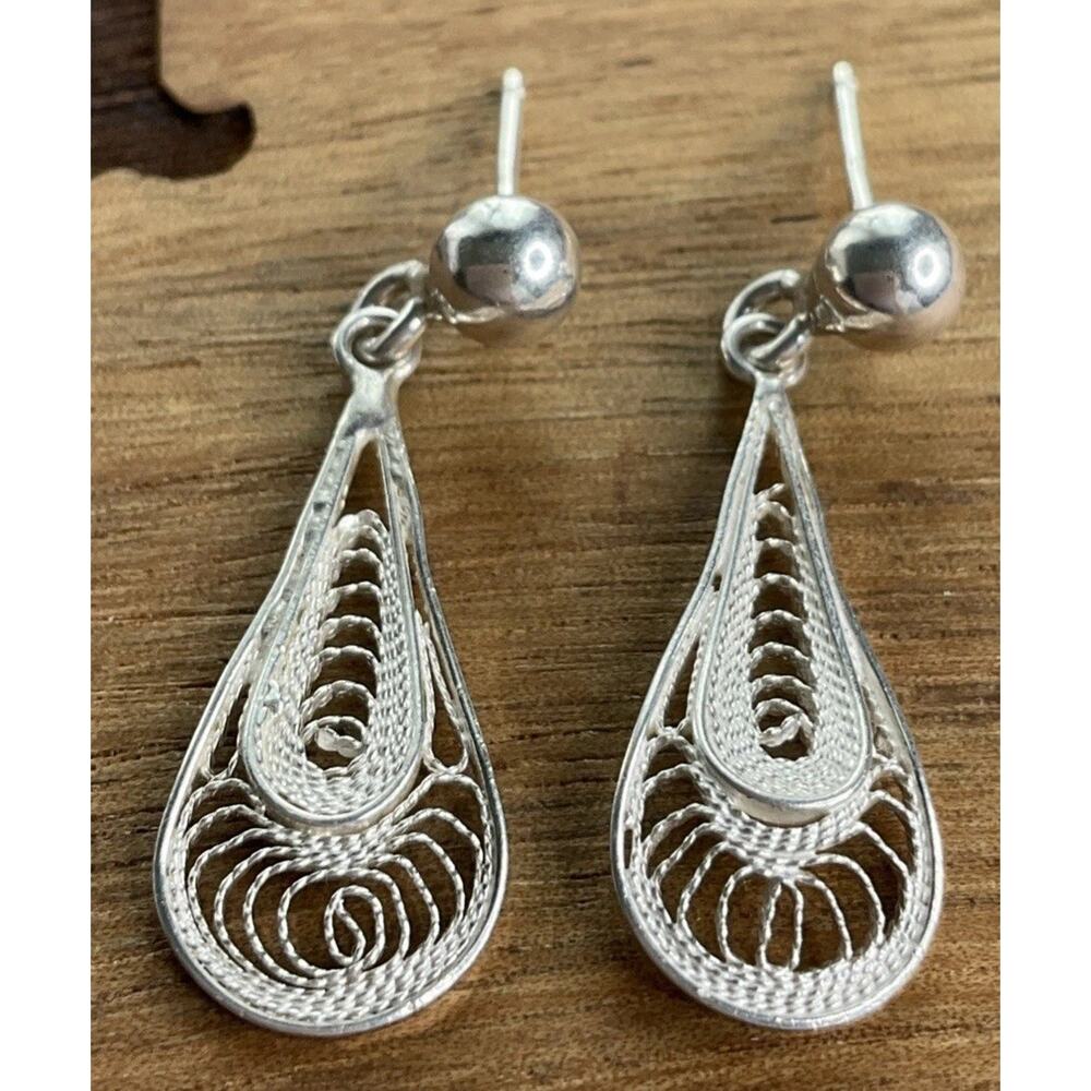 Vintage Sterling Silver Filigree Drop Earrings Dainty Light Teardrop Design